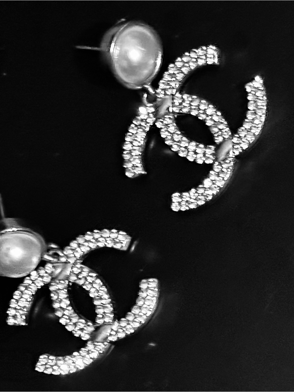 Silver Crystal CC Drop Earrings with Pearl Studs